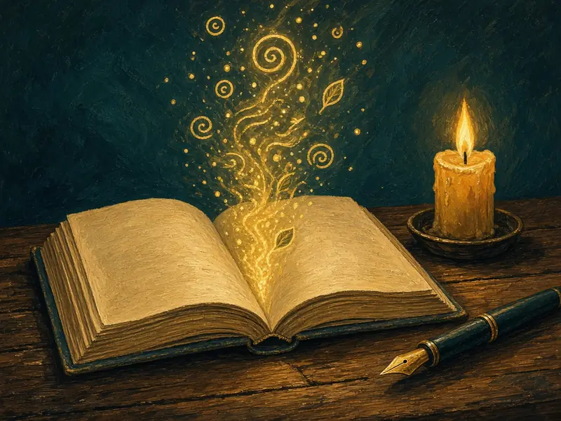 Painted illustration: an open book with glowing symbols rising beside a candle and a fountain pen