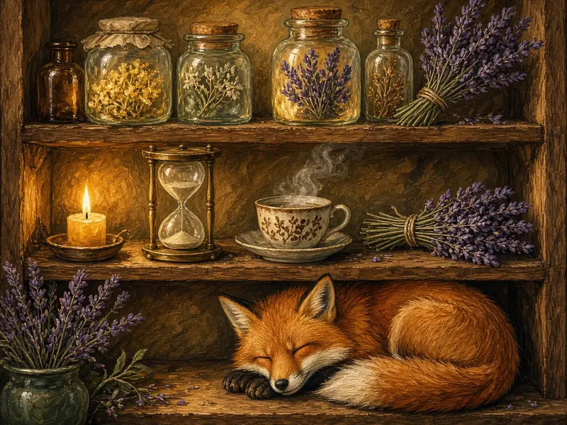 Painted illustration: a shelf of glowing jars, lavender, an hourglass, tea and a sleeping fox