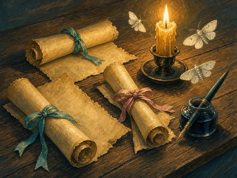 Painted illustration: ribboned scrolls beside a candle, a fountain pen in an inkwell and gentle moths