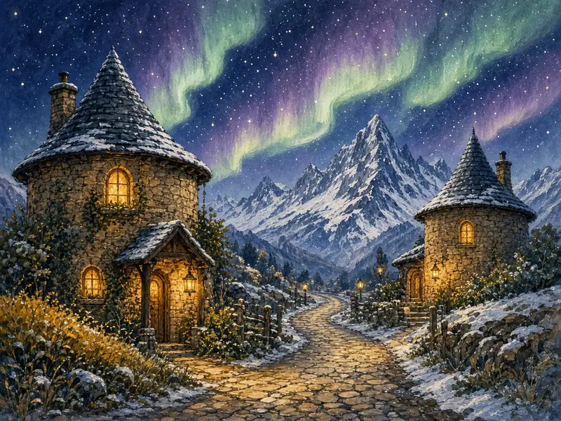 Painted illustration: two lantern-lit cottages beneath snowy mountains along a winding road
