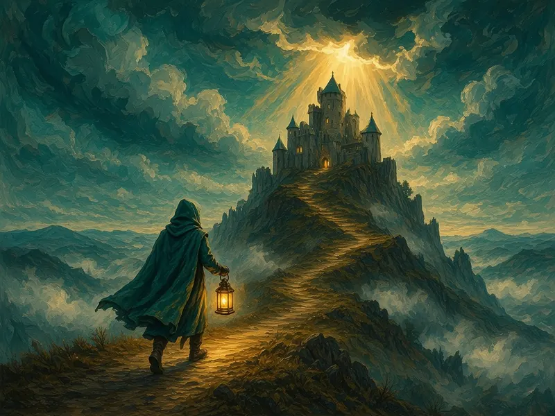 Painted illustration: a traveler with a lantern climbs a misty path toward a hilltop castle as sunlight breaks through storm clouds