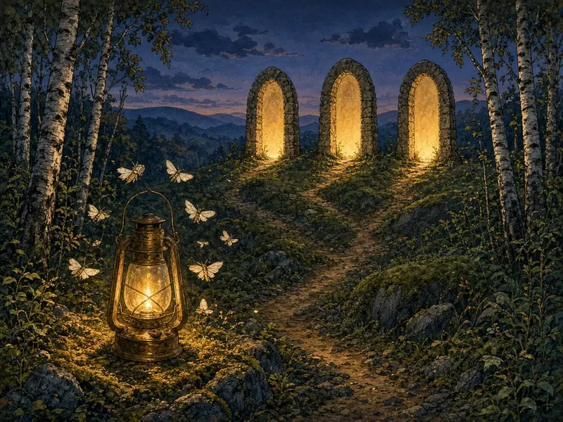 Painted illustration: a lantern on a forest path that forks toward lit doorways, with moths