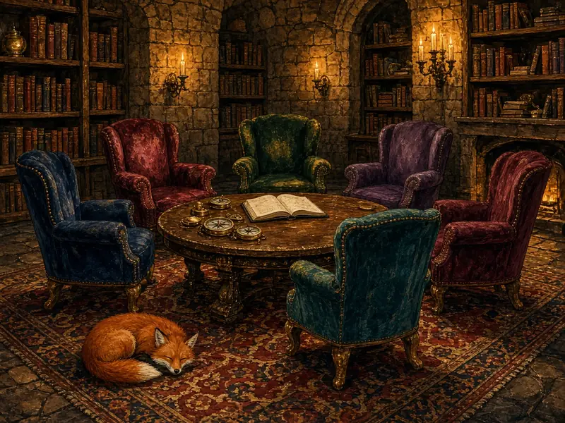 Painted illustration: a fire-lit library hall with six velvet armchairs and a sleeping fox