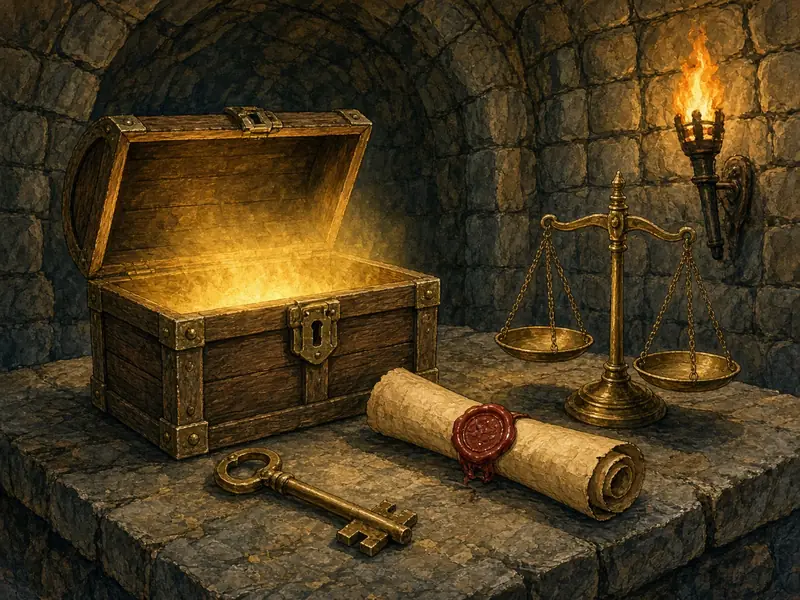 Painted illustration: an open glowing chest, a brass key, a sealed scroll and a balance scale