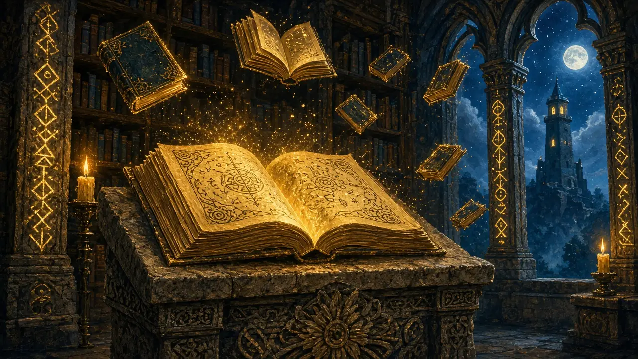 Painted illustration: golden light rises from a giant open book in a candlelit library full of floating books, a moonlit tower beyond the window