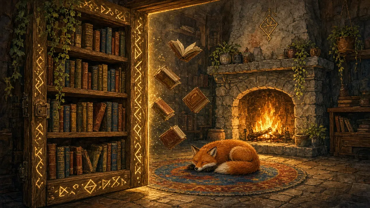Painted illustration: a hidden reading room behind a bookcase, with a fireplace, floating books and a sleeping fox